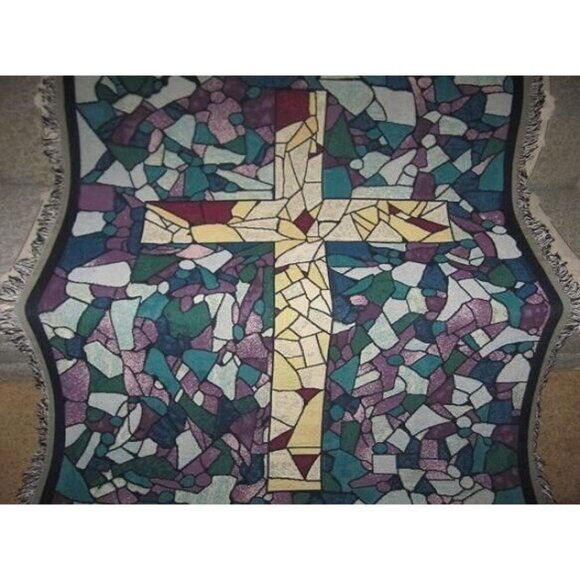 New Stained Glass Cross Crucifix Afghan Throw Blanket Religious Holy Church Gift - Picture 2 of 2